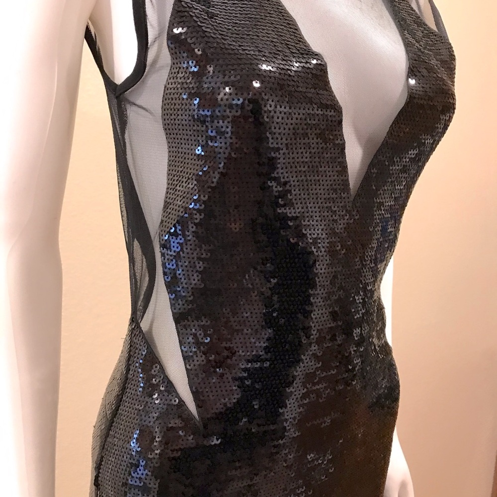 Black Sequins Mini Dress NEW Womens Size XS Extra Small Mesh Party Club Chic - Picture 7 of 14